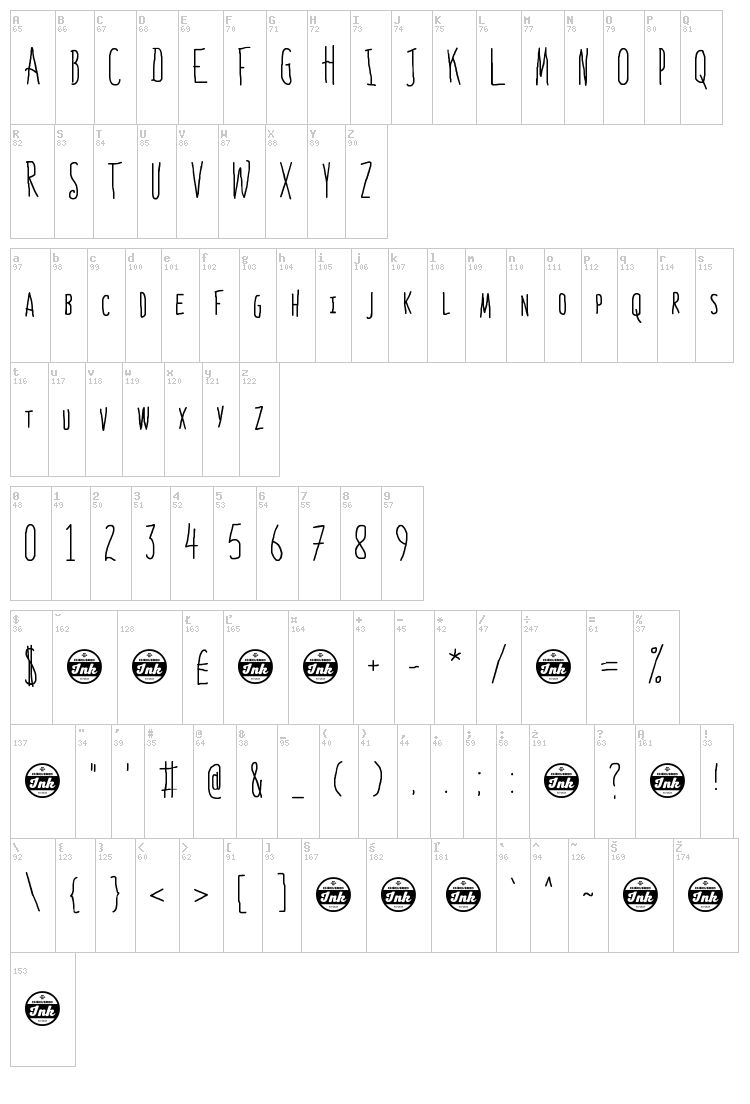 Bones to Your Generic Script Font! font map